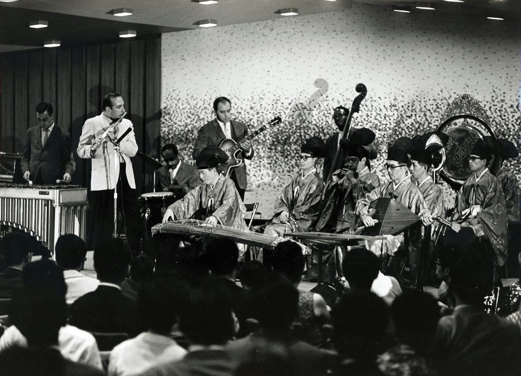 In Japan with the Imperial Court Musicians. (left to right) Dave Pike on vibes, Carlos "Patato" Valdes on congas, Attila Zoller on guitar, and Ben Tucker on bass. Photo courtesy of Janeal Arison.